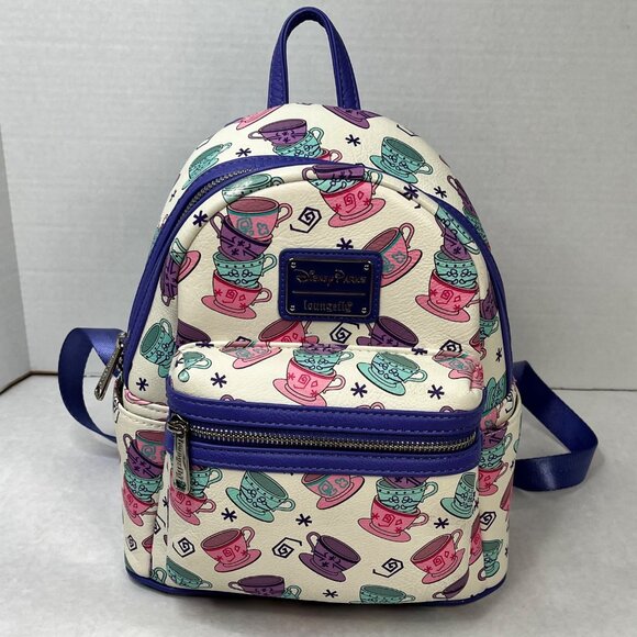 Disney Loungefly Mini Backpack Mad Tea Party Teacup Print Purple & Multicolor - Picture 1 of 6